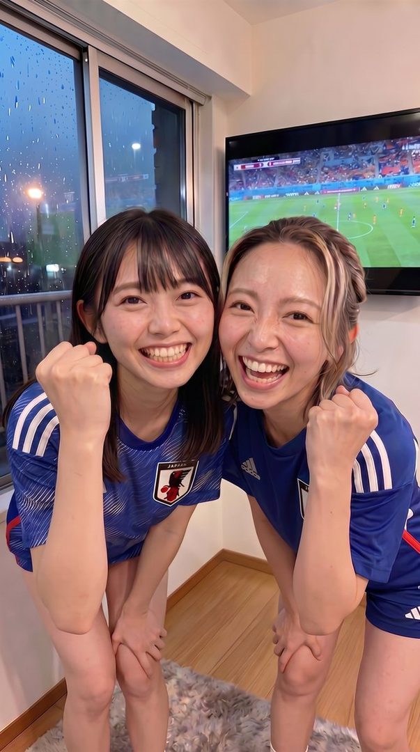 Two young women in blue soccer jerseys cheer excitedly while watching a game on TV indoors at night.