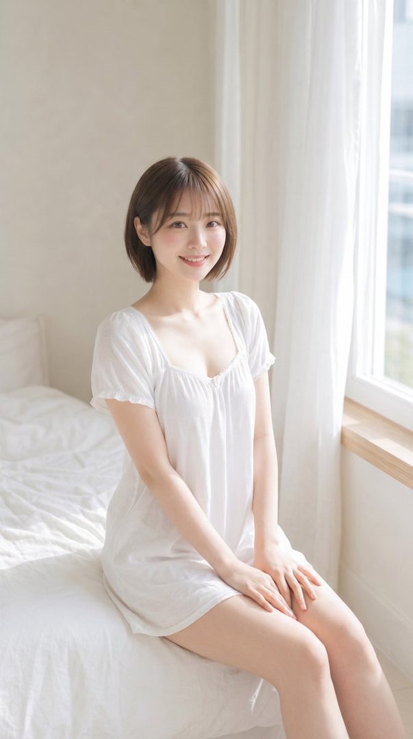 A young woman with short brown hair and bangs smiles while sitting on a bed in a white dress.