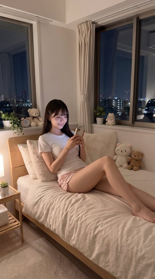 A young woman with long black hair and bangs is sitting on a bed in a cozy room at night, looking at her phone.