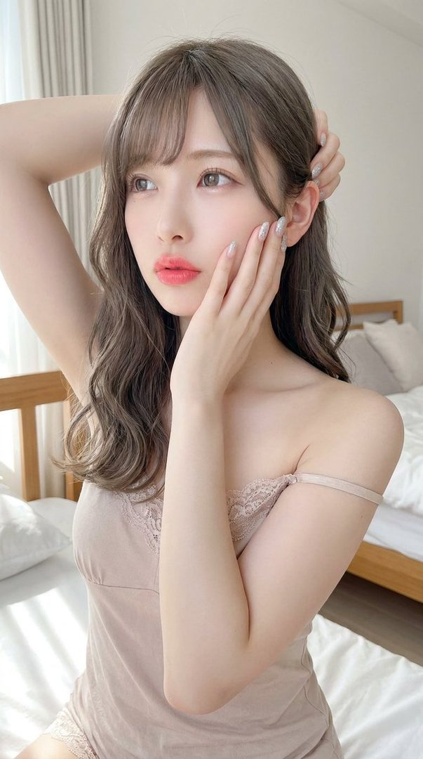 A photorealistic portrait of a woman with brown hair and bangs, wearing a casual top, posing indoors with a dreamy expression.