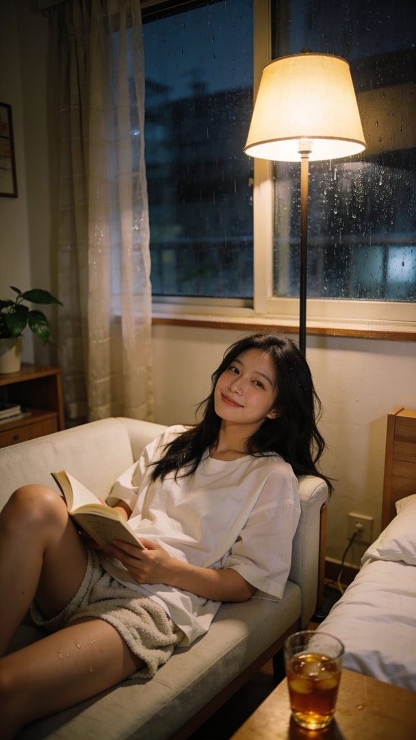 A young woman with long black hair is sitting on a sofa, reading a book, with a rainy window and a lamp in the background.
