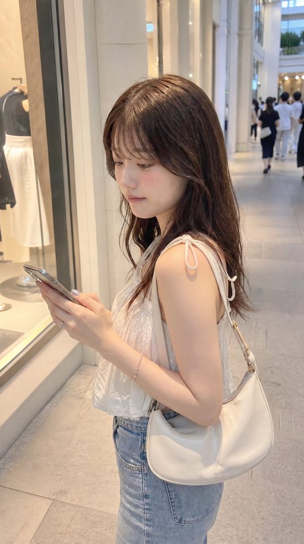A young woman with long brown hair and bangs, wearing a white top and jeans, looks at her phone while standing on a city street.