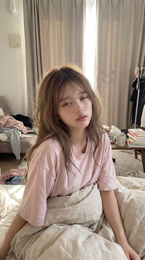 A sleepy-looking woman with long brown hair is sitting in bed, covered by a duvet, wearing a pink t-shirt.