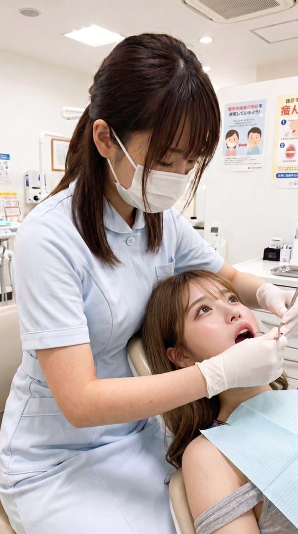 A woman in a light blue uniform and face mask is examining a patient's teeth in a dental office.