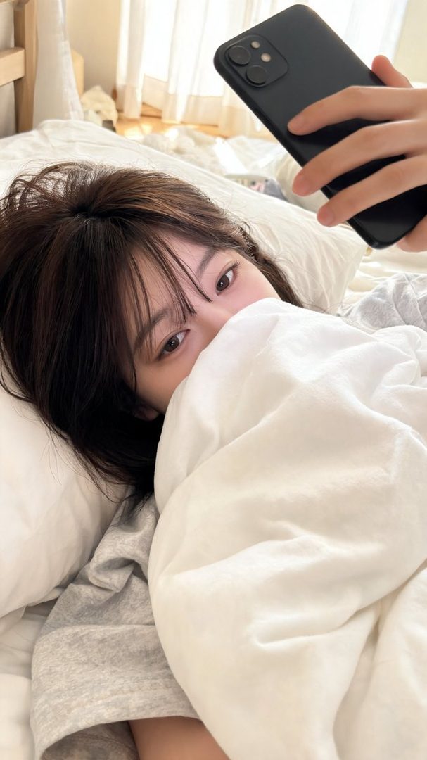 A young woman with brown hair and bangs peeks over a white blanket while holding a phone in bed.