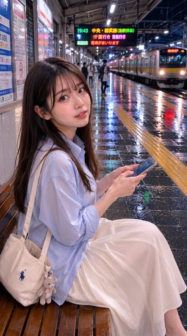 A young woman with long brown hair and bangs sits on a bench at a train station platform at night, holding a phone.