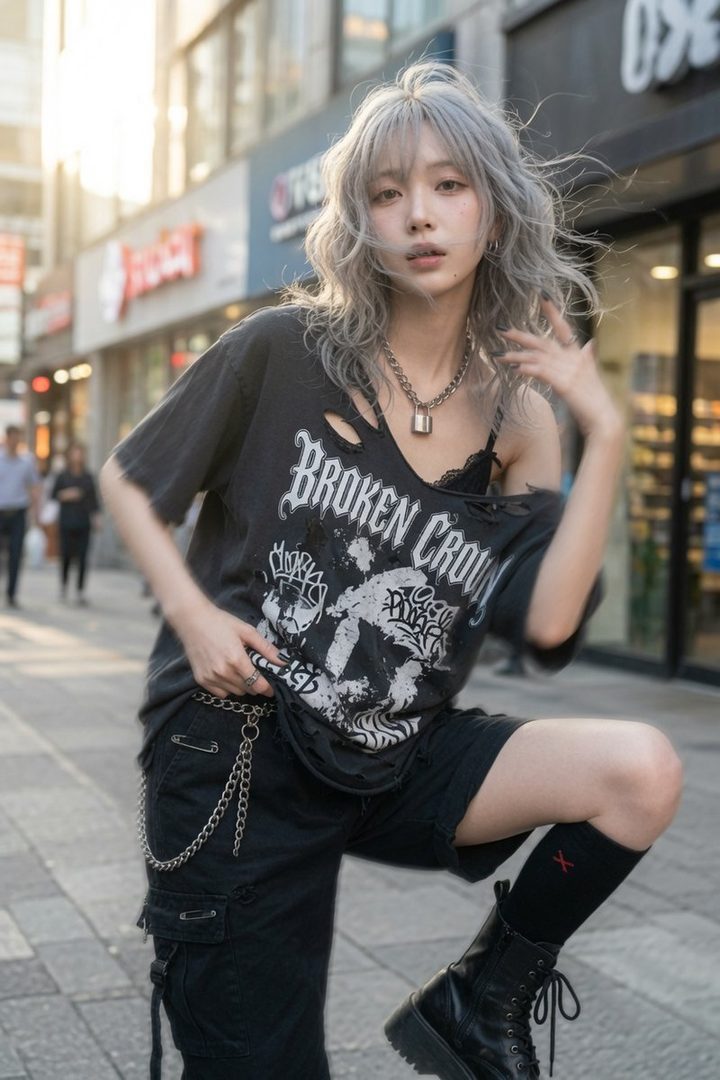 A young woman with silver wavy hair and a distressed black t-shirt poses on a city street during golden hour, wearing cargo shorts and combat boots.