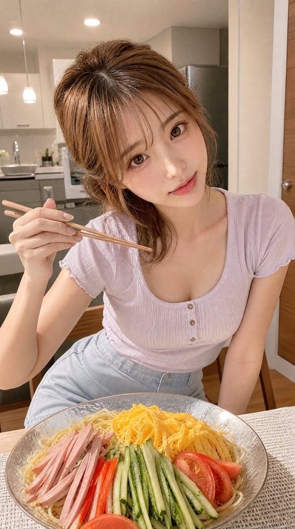 A young woman with brown hair is holding chopsticks over a plate of cold noodles with various toppings in an indoor setting.