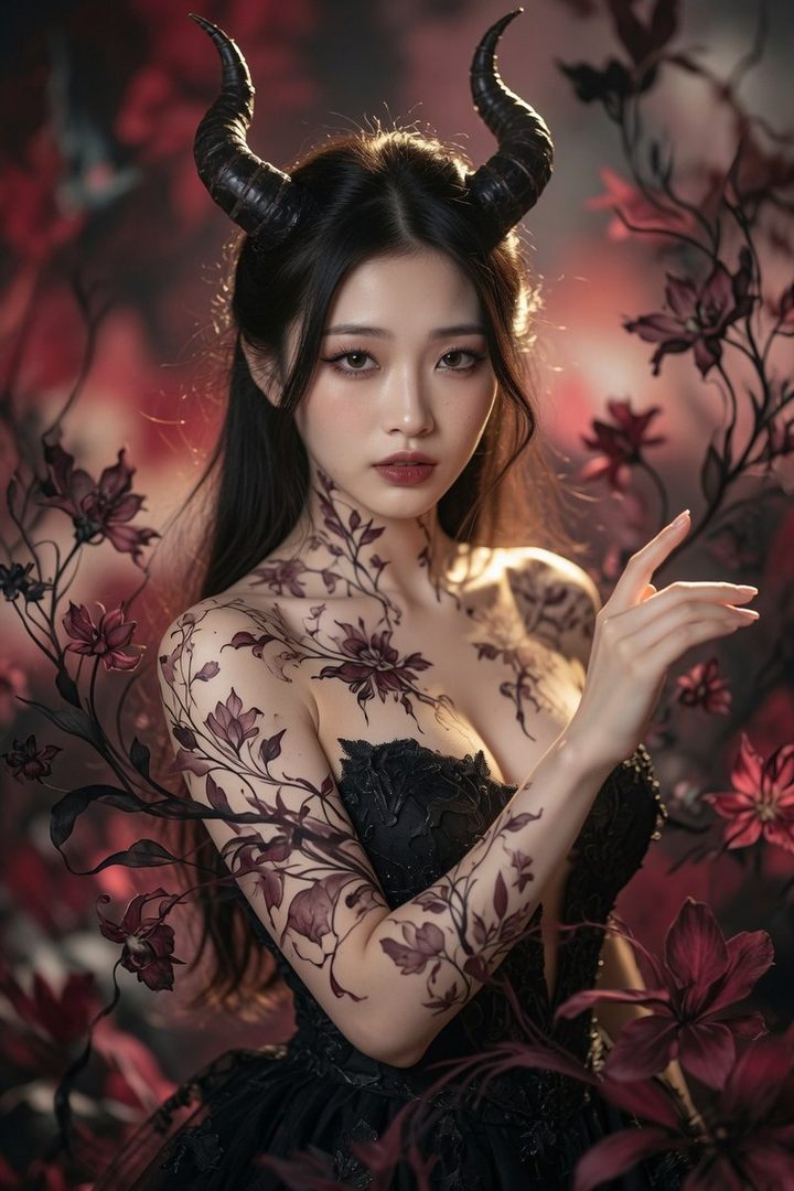 A fantasy portrait of a woman with black horns and intricate floral tattoos on her arms and chest, wearing a black strapless dress, set against a dark red floral background.