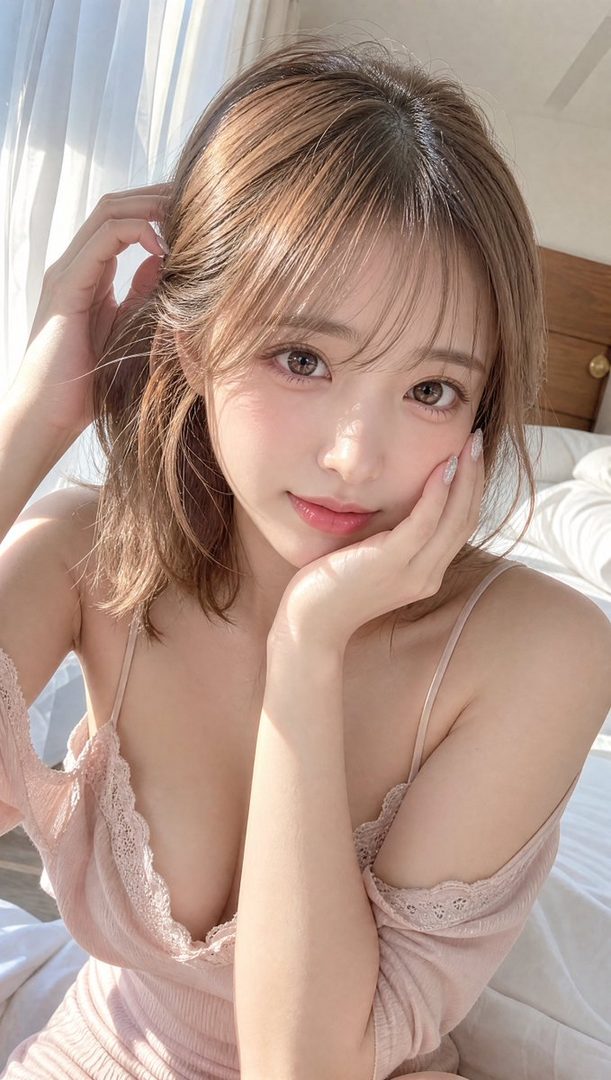 A photorealistic portrait of a cute woman with brown hair, wearing a light pink top, posing indoors with soft lighting.