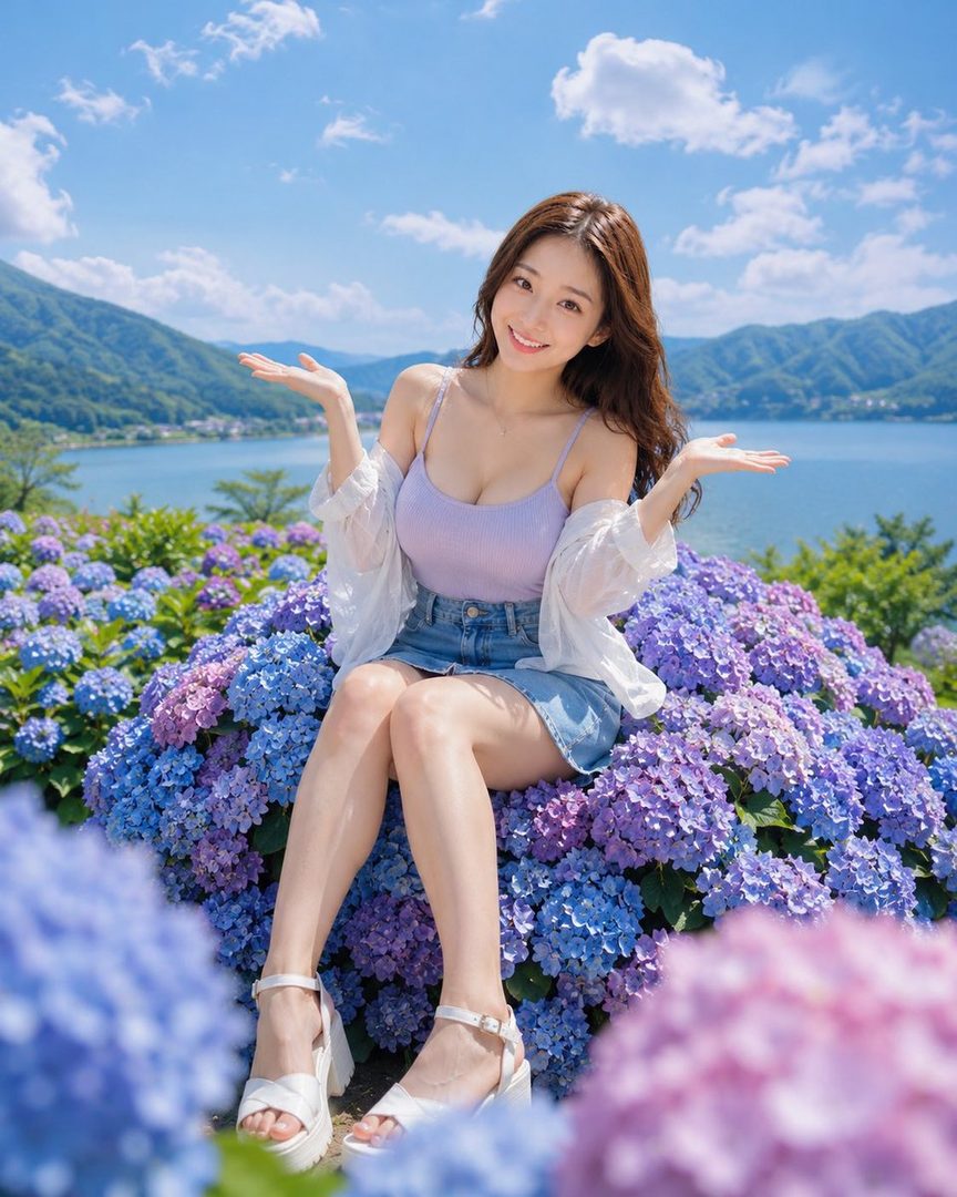 A smiling woman with long brown hair sits among purple and blue hydrangeas with a lake and mountains in the background under a clear blue sky.