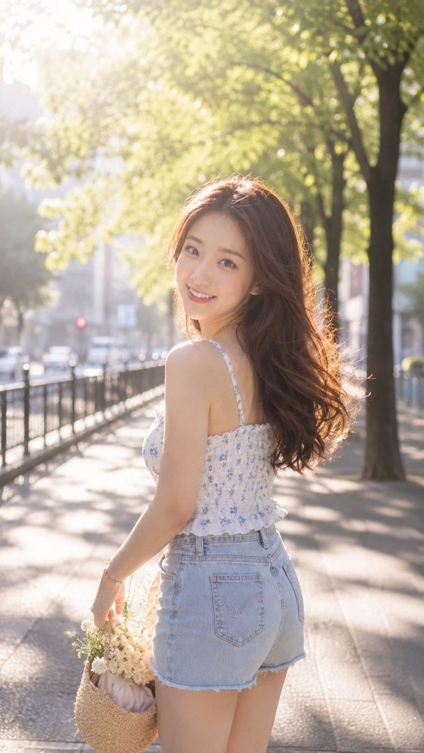 A young woman with long brown hair, wearing a floral top and denim shorts, smiles over her shoulder on a sunny street.