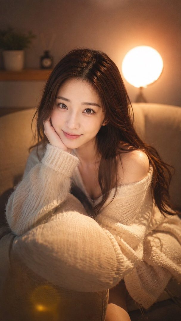 A beautiful woman with long brown hair wearing an off-the-shoulder cream sweater, smiling softly in a warmly lit indoor setting.