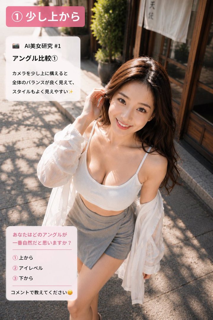A smiling woman with long brown hair wears a white crop top and grey skirt, posing outdoors on a sunny day.