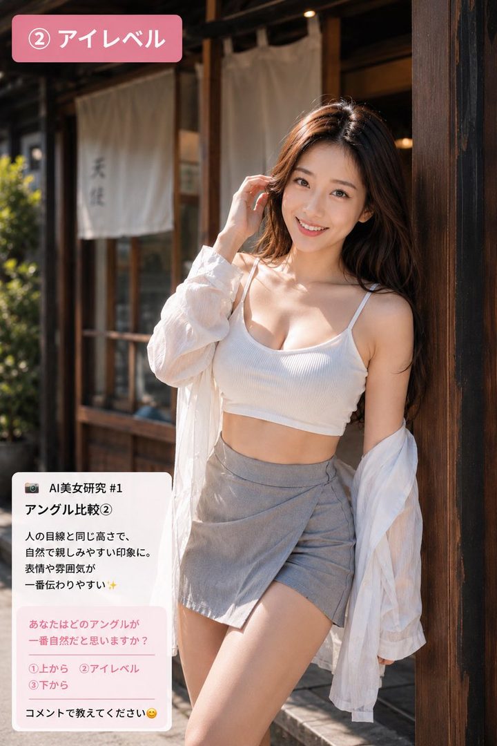 A smiling woman with long brown hair wears a white crop top and a gray skirt, posing outdoors in front of a traditional Japanese building.