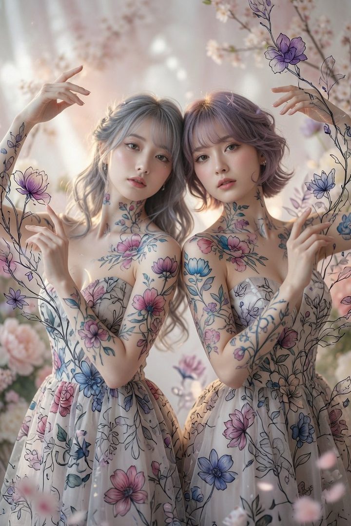 Two women with floral body paint and dresses stand in a fantasy garden with soft lighting.