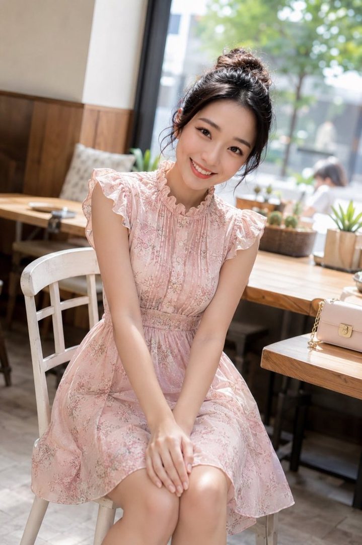 A smiling woman with her hair tied up, wearing a pink floral dress, sitting in a cafe.