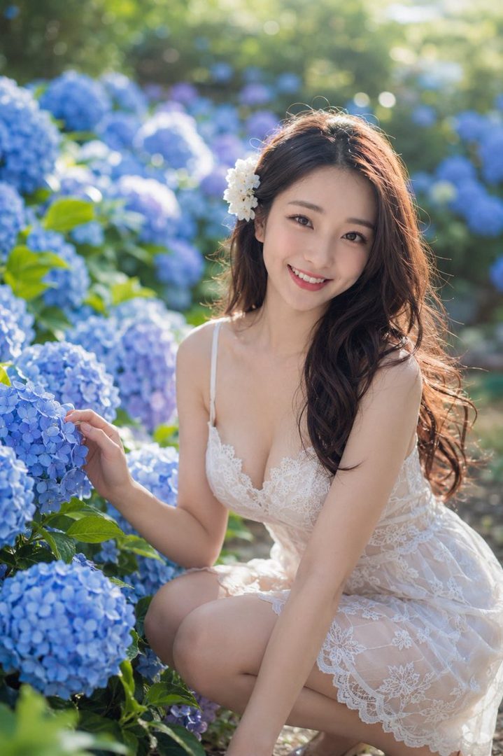 A smiling woman in a white lace dress crouches among blue hydrangeas in a garden.