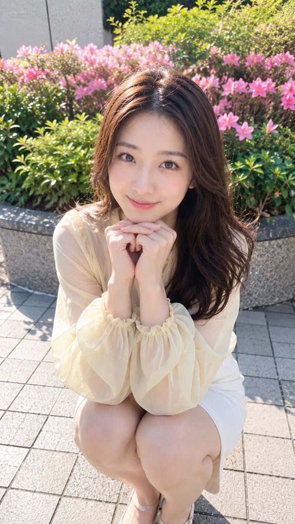A cute AI-generated woman with long brown hair crouches outdoors, smiling gently with her hands clasped under her chin, surrounded by pink flowers.