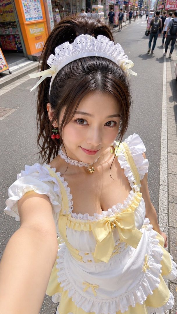 A cute AI-generated woman in a yellow and white maid outfit takes a selfie on a bustling street.