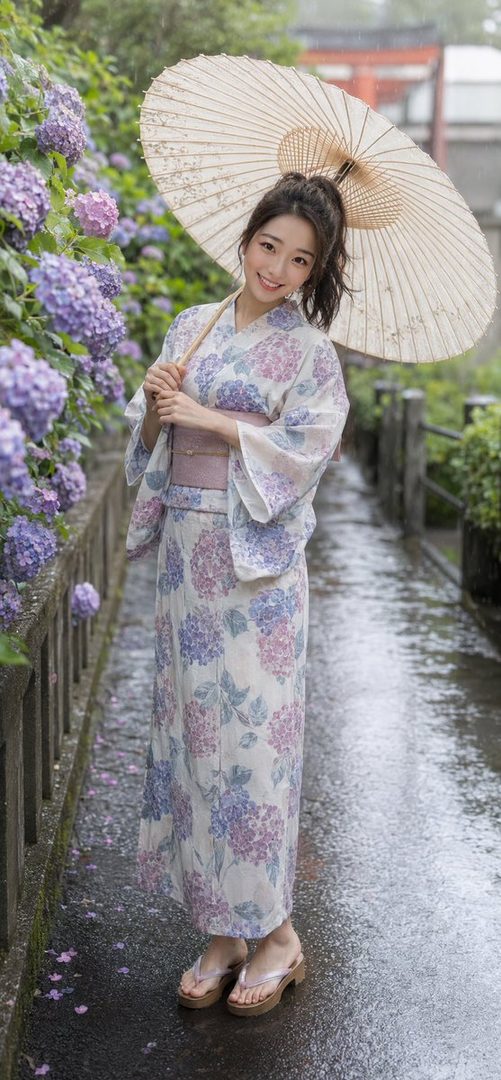 A smiling woman in a floral kimono holds a traditional umbrella while standing on a wet path next to purple hydrangeas.