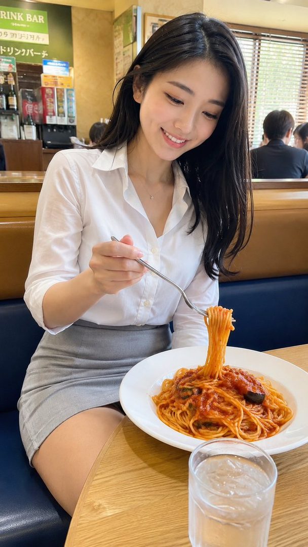 A smiling woman with long black hair is eating tomato pasta at a restaurant during lunchtime.
