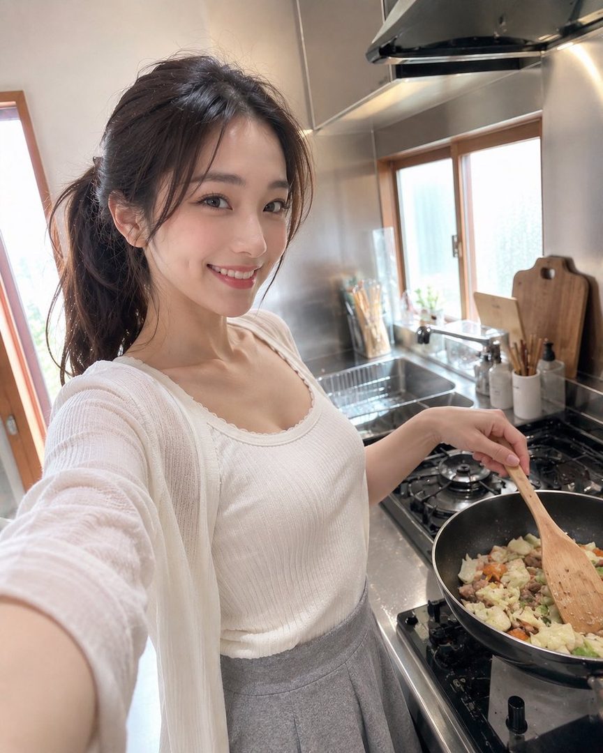 A smiling woman with brown hair in a ponytail takes a selfie while cooking in a kitchen.