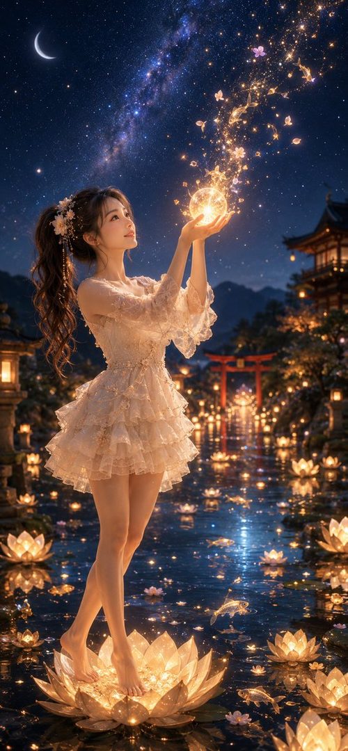 A woman in a white dress stands on a glowing lotus flower in a pond under a starry night sky, holding a glowing orb.