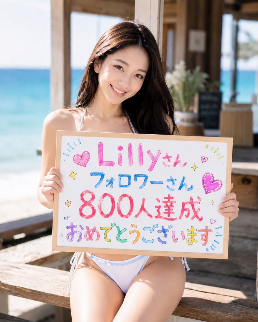 A smiling woman with long brown hair in a white bikini holds a sign on a beach.