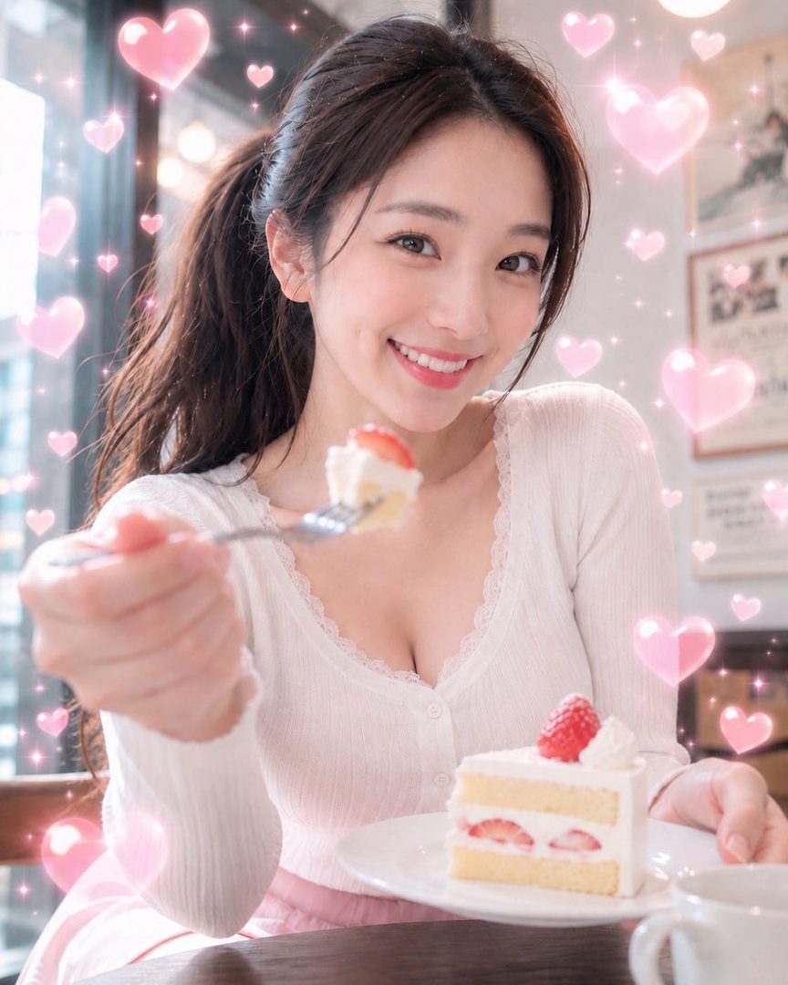 A smiling woman with long brown hair holds a fork with a piece of strawberry cake, surrounded by pink heart overlays.
