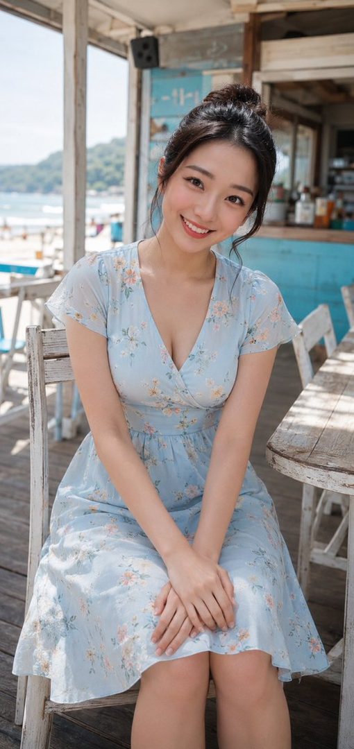 A smiling woman with brown hair in a light blue floral dress sits outdoors at a cafe by the beach.