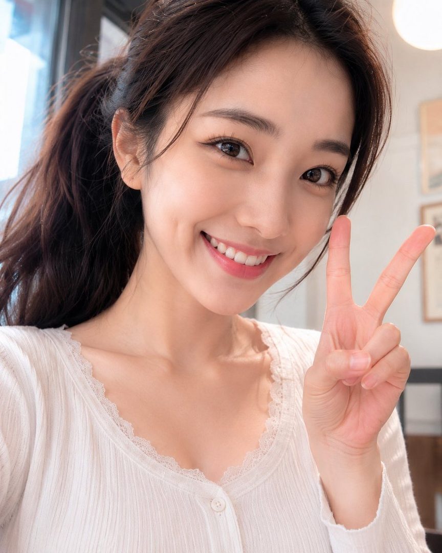 A smiling woman with brown hair in a ponytail makes a peace sign in a close-up selfie.