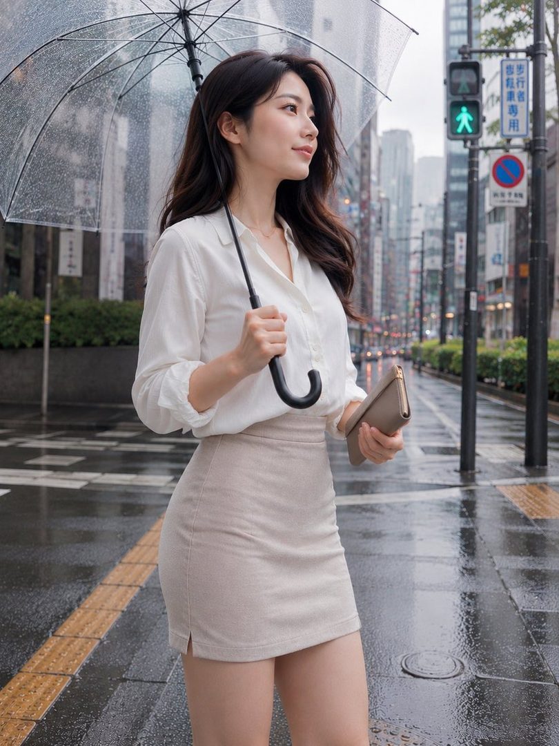 A young woman with long dark hair holds a clear umbrella while standing on a wet city street.