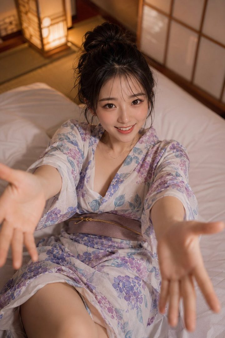 A young woman with dark hair in a floral kimono lies on a bed, smiling and reaching out to the viewer.