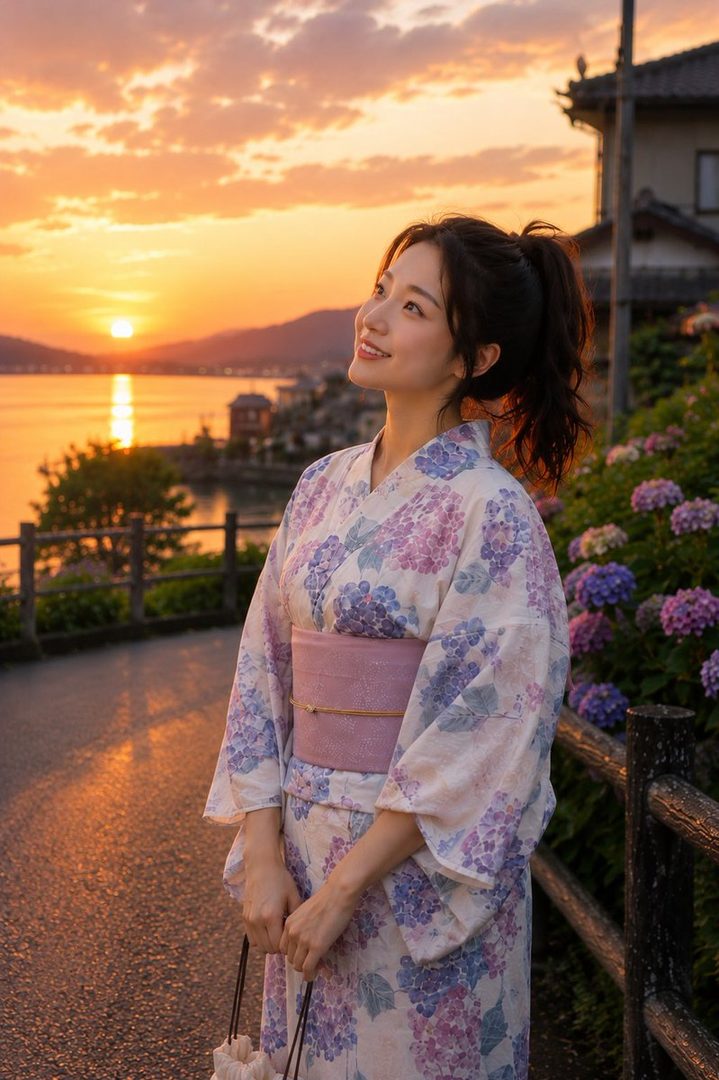 A young woman in a floral yukata smiles while looking up at the golden sunset over a body of water.