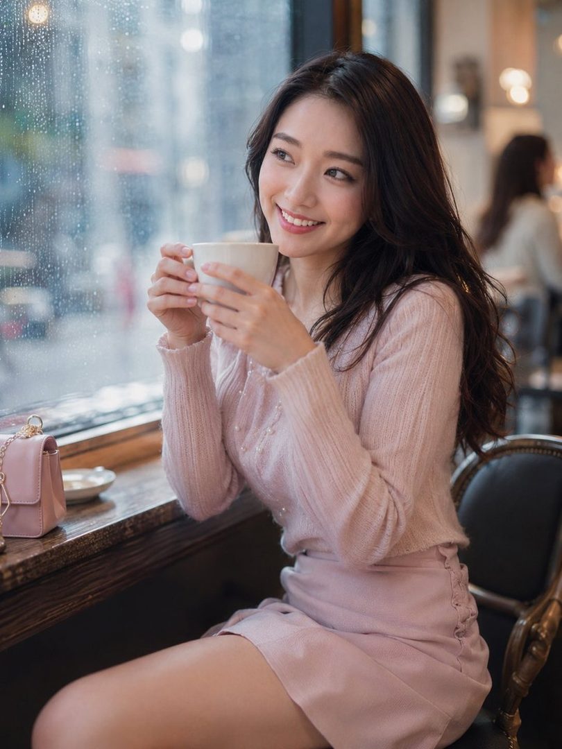 A smiling woman with long brown hair sits in a cafe by a rainy window, holding a cup.