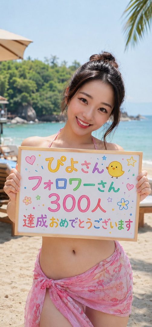 A smiling woman in a pink bikini and sarong holds a whiteboard with Japanese text on a sunny beach.
