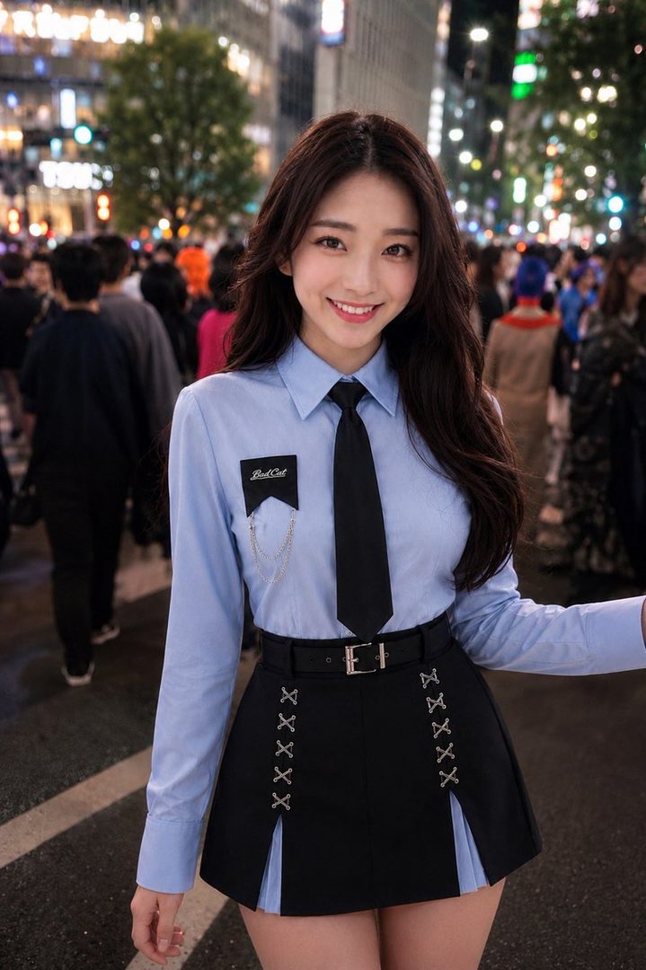 A smiling woman with long brown hair wears a light blue shirt, black tie, and black skirt on a busy city street at night.