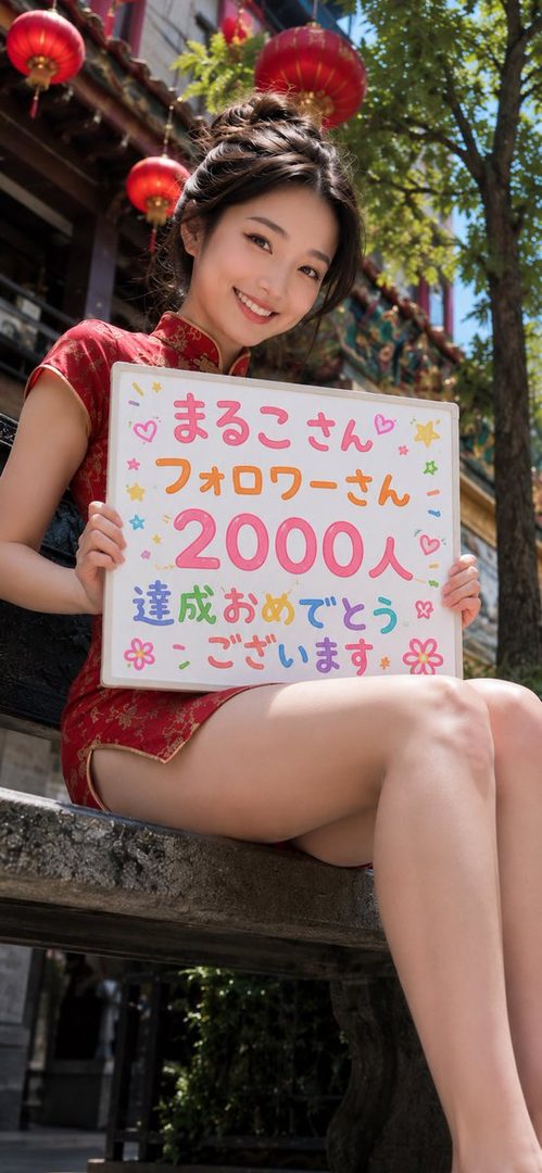 A young woman in a red cheongsam dress smiles while holding a sign with Japanese text, sitting outdoors with red lanterns in the background.