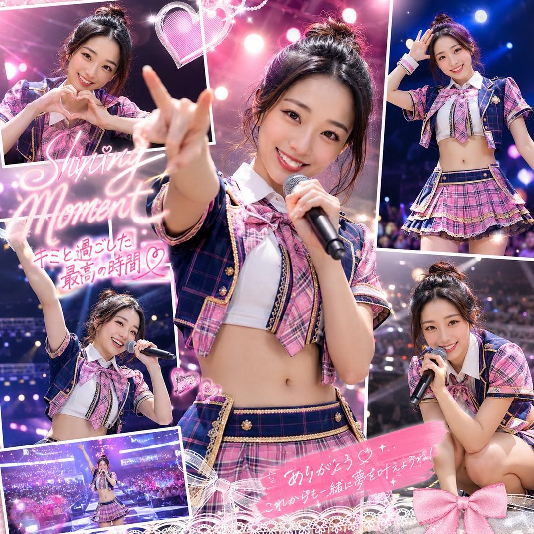 A collage of a young woman in a pink and blue plaid idol costume, singing and posing on stage with bright lights.