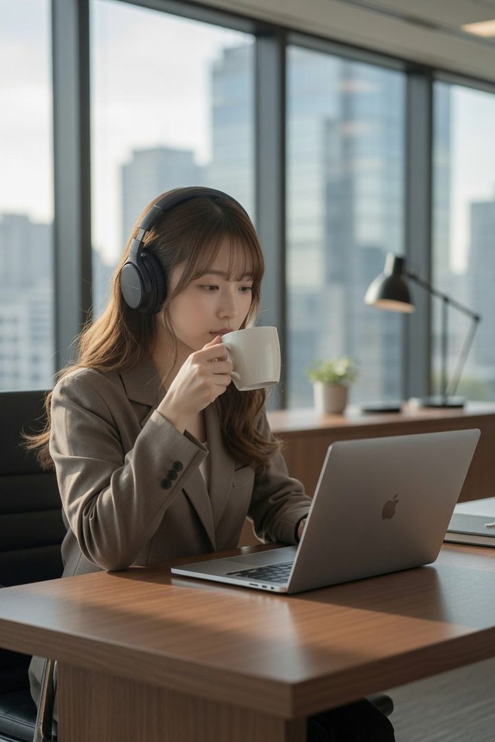 A young woman with long brown hair and headphones is working on a laptop at a desk in an office with large windows, sipping from a white mug.