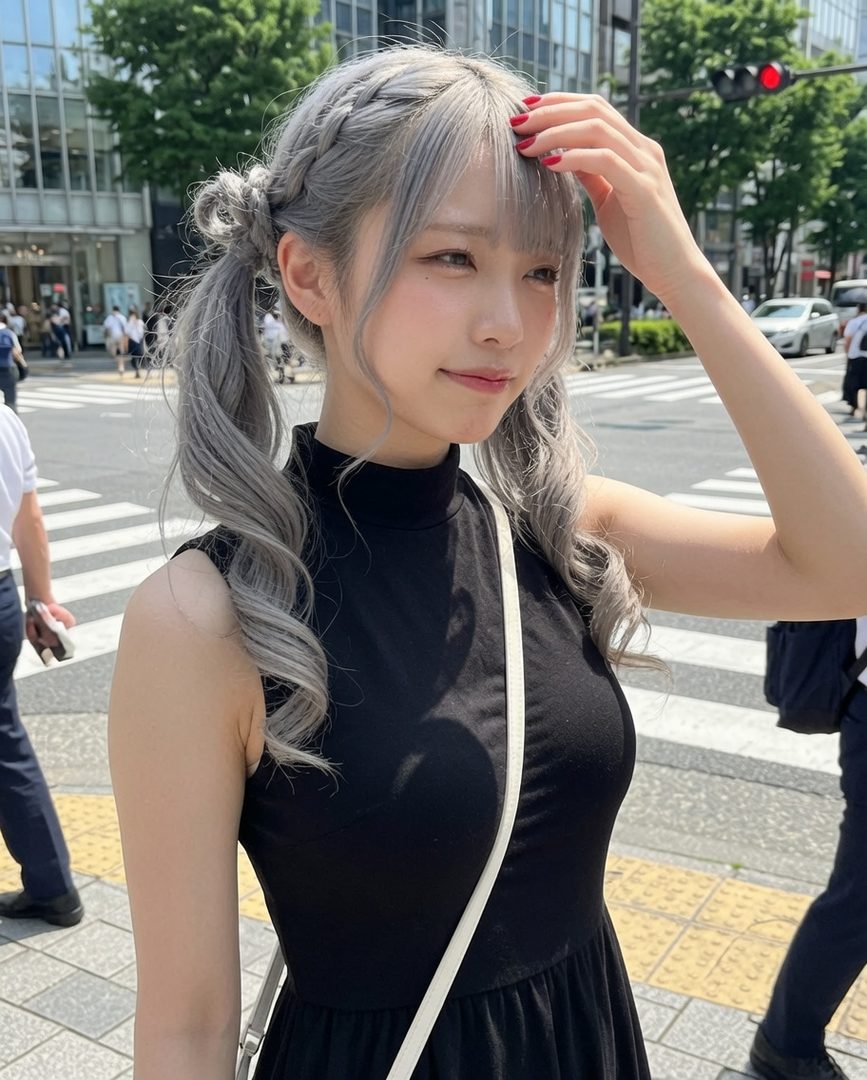 A young woman with silver braided pigtails and a black dress stands on a city street, looking to the side with a slight smile.