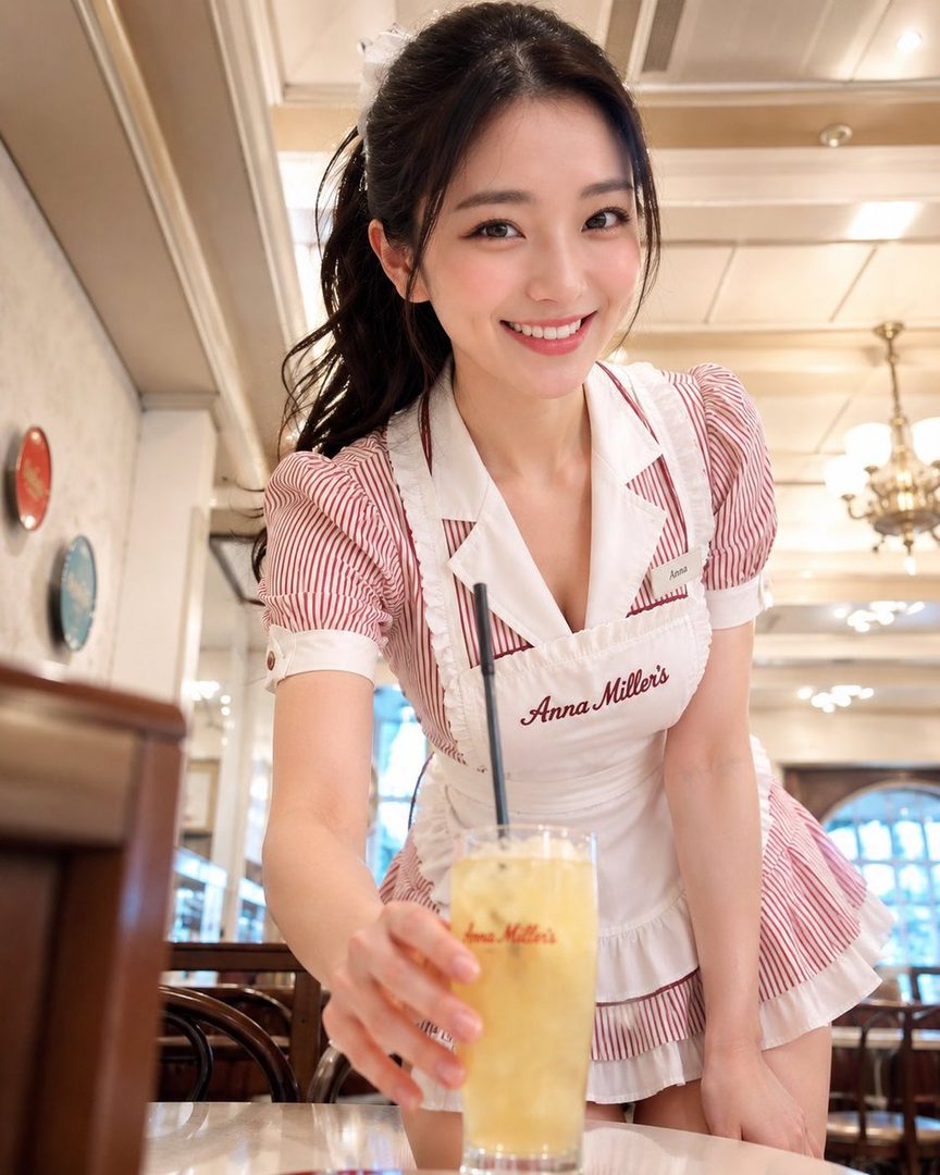A smiling woman in a red and white striped maid uniform holds out a drink in a cafe setting.