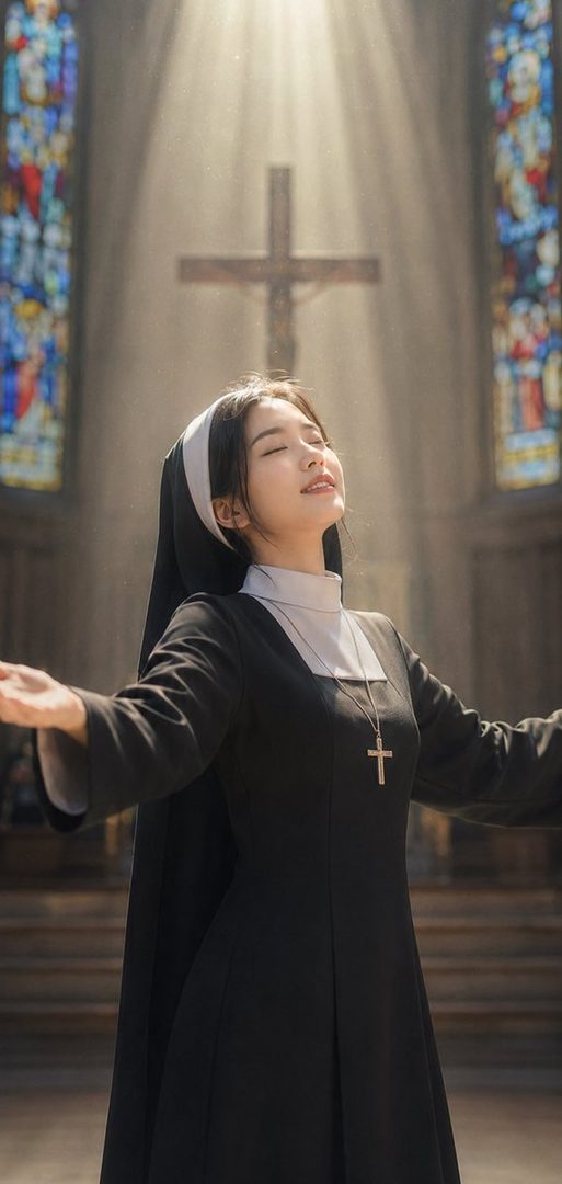 A young woman dressed as a nun stands in a church with light rays shining down, her eyes closed in a serene expression.