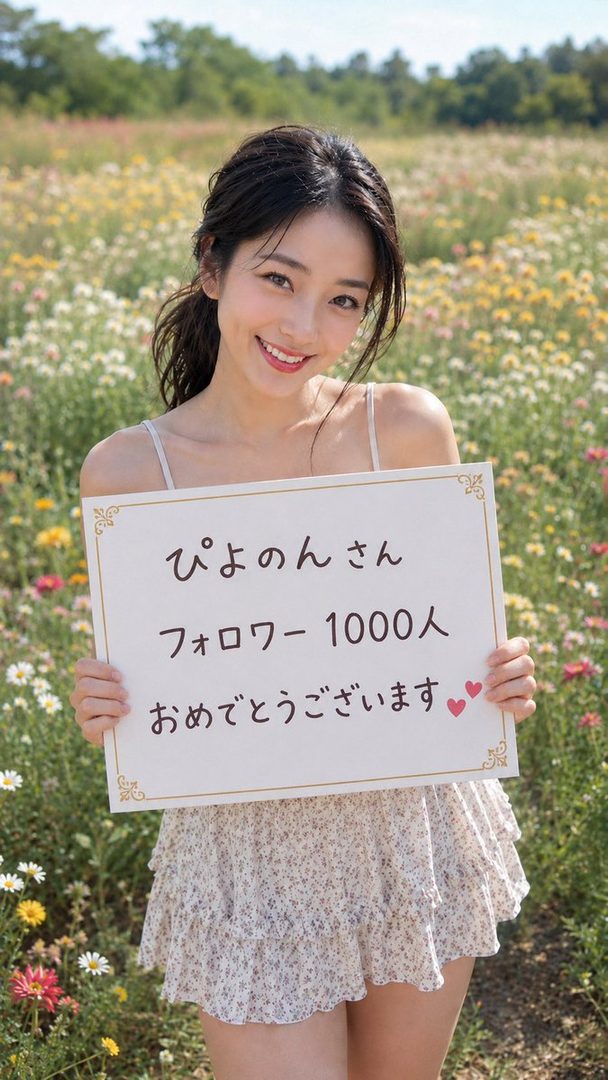 A smiling woman with long brown hair holds a sign in a field of wildflowers on a sunny day.