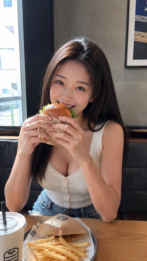 A smiling woman with long brown hair is about to take a bite of a hamburger, with fries and a drink on the table in front of her.