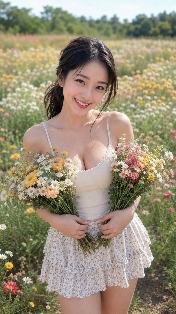 A smiling woman with long brown hair holds two bouquets of wildflowers in a sunny field.
