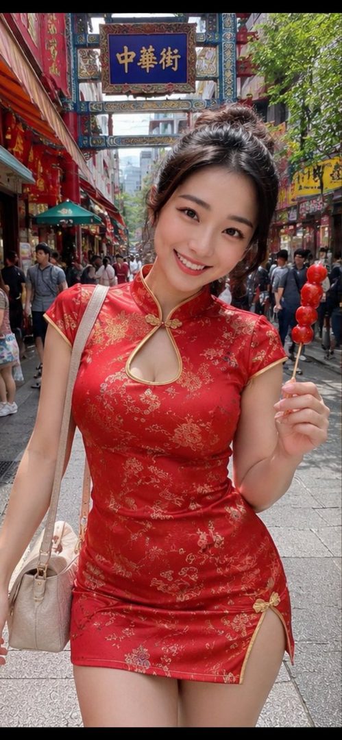 A smiling woman in a red cheongsam dress holds a candied fruit skewer on a bustling street.