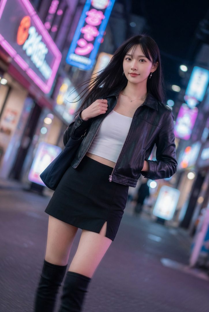A young woman with long black hair, wearing a black leather jacket, white crop top, black mini skirt, and thigh-high boots, stands on a neon-lit city street at night.