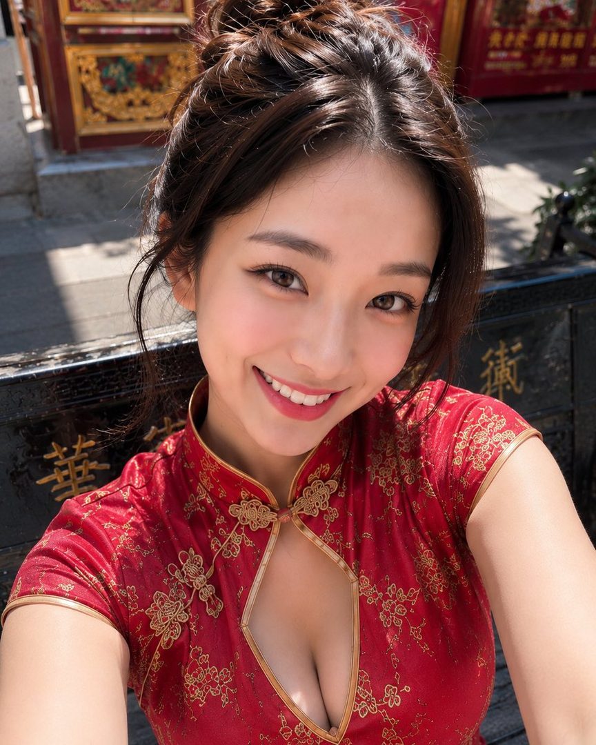A smiling woman in a red cheongsam takes a selfie outdoors.